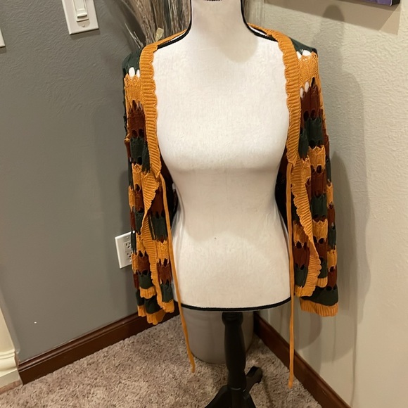 Cider Knit V-Neck Striped Knotted Crochet Boho Flare Sleeve Cardigan Sweater XL - Picture 12 of 15